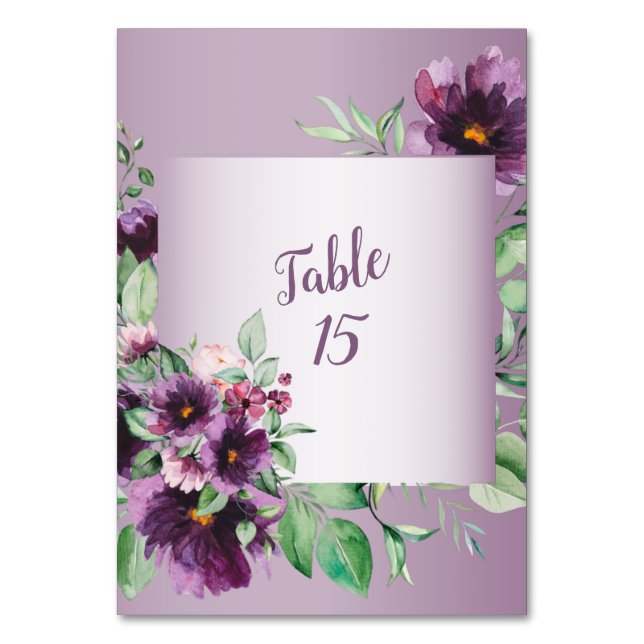 Purple Floral Geometric Greenery Wedding Table Number (Front)