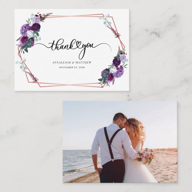 Purple Floral Geometric Photo Thank You Card (Front/Back)