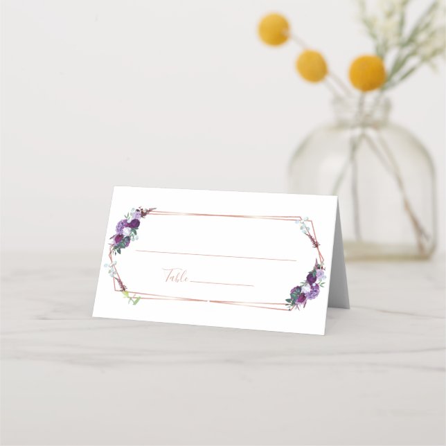Purple Floral Geometric Rose Gold Wedding Place Card (Front)
