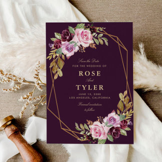 purple floral geometric save the date card