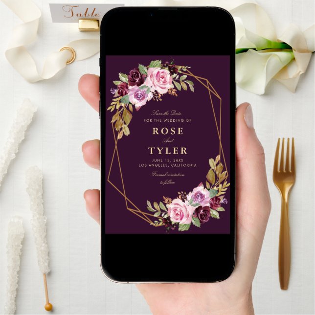 purple floral geometric save the date card (Front Digital)