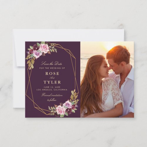 purple floral geometric save the date photo card