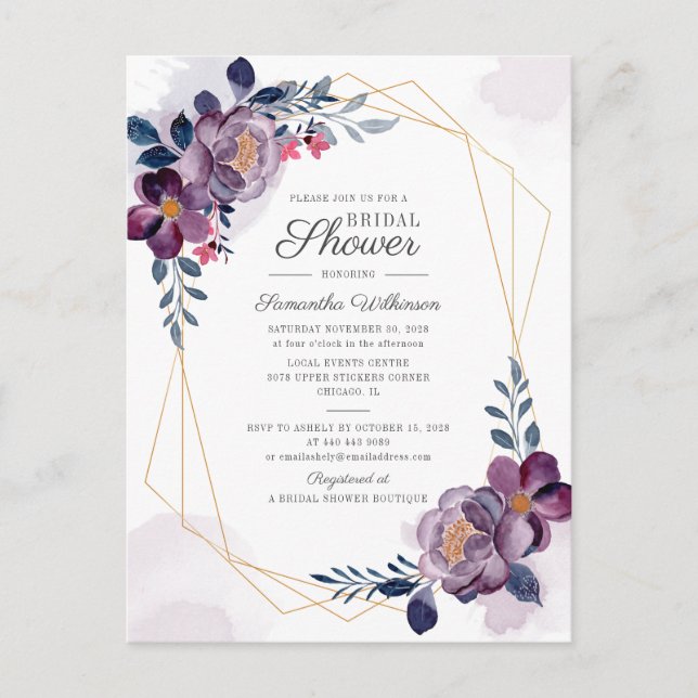 Purple Floral Geometric Script Bridal Shower Invitation Postcard (Front)