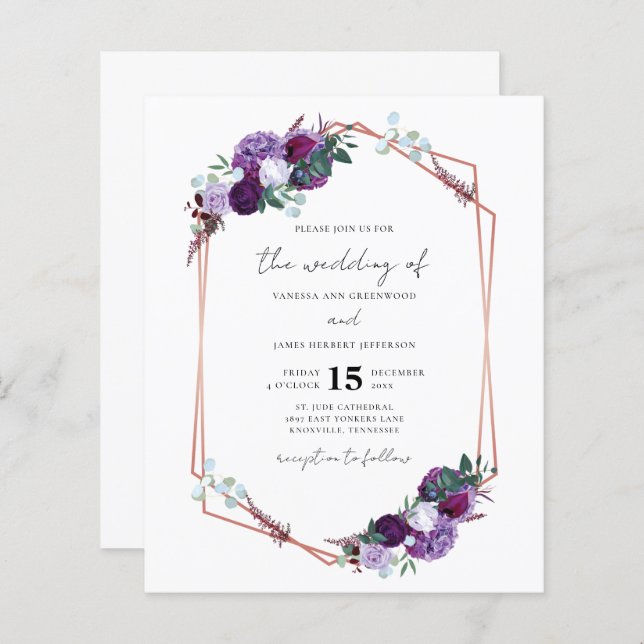 Purple Floral Geometric Script QR Code Wedding (Front/Back)