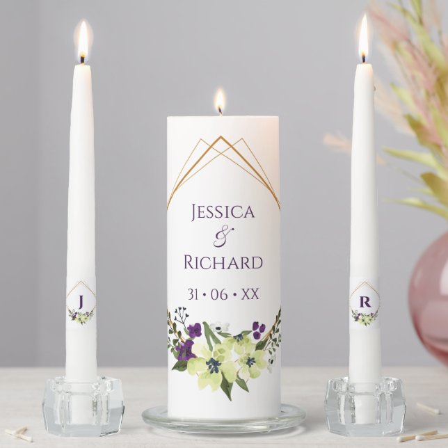 Purple Floral Geometric Unity Candle Set (In Situ)