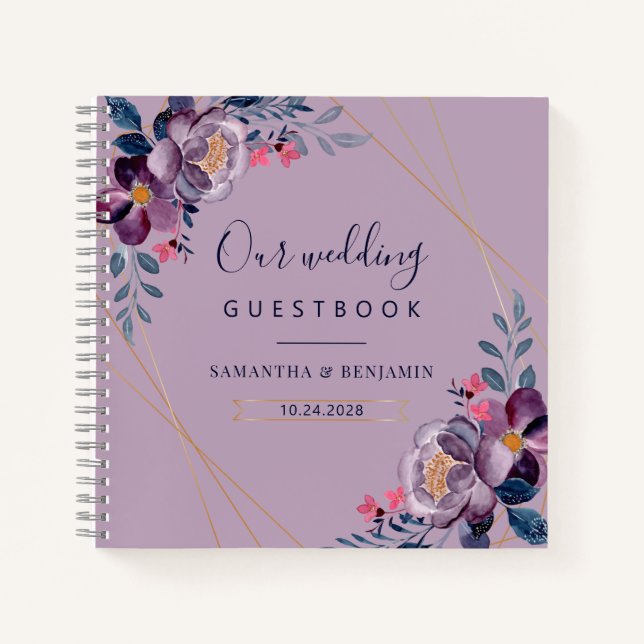 Purple Floral Geometric Wedding Guest Book (Front)