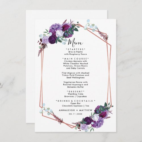 Purple Floral Geometric Wedding Reception Menu