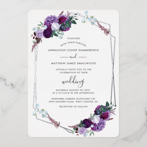 Purple Floral Geometric Wedding Silver Foil Invitation