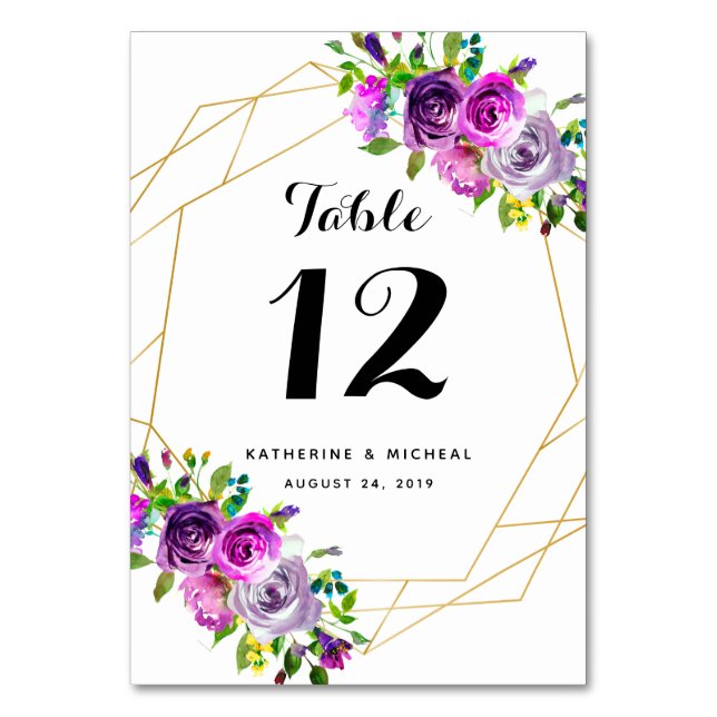 Purple Floral Geometric Wedding Table Numbers (Front)