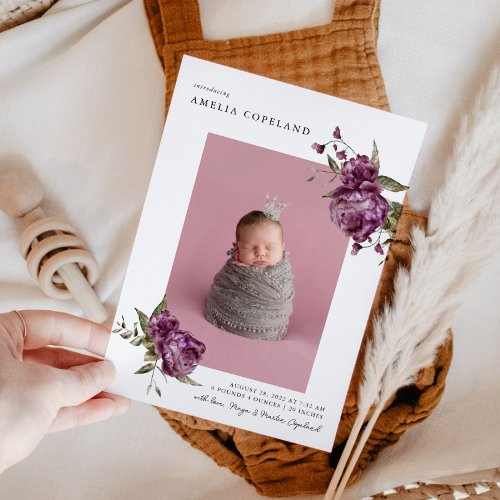 Purple Floral Girl Baby Photo Birth Announcement