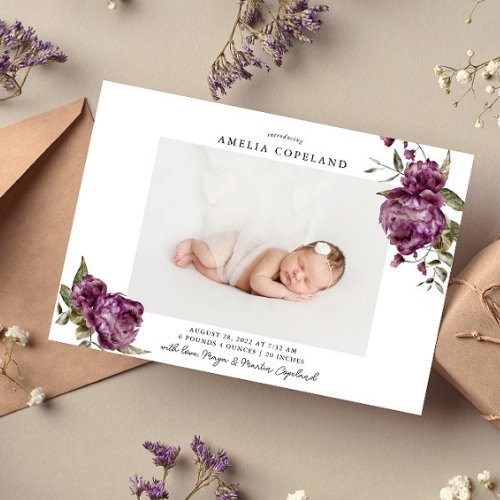 Purple Floral Girl Baby Photo Birth Announcement