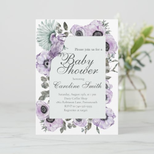 Purple Floral Girl Baby Shower Invitation 