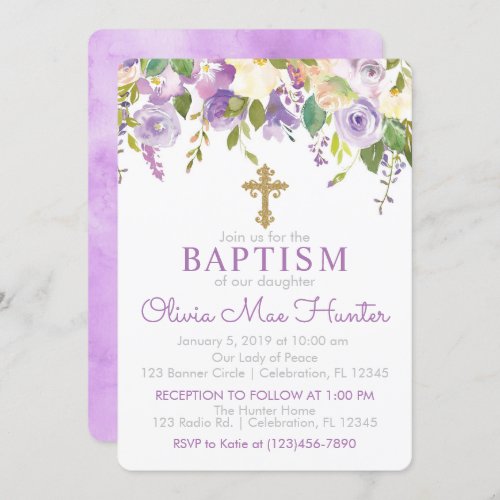 Purple Floral Girl Baptism Invitation
