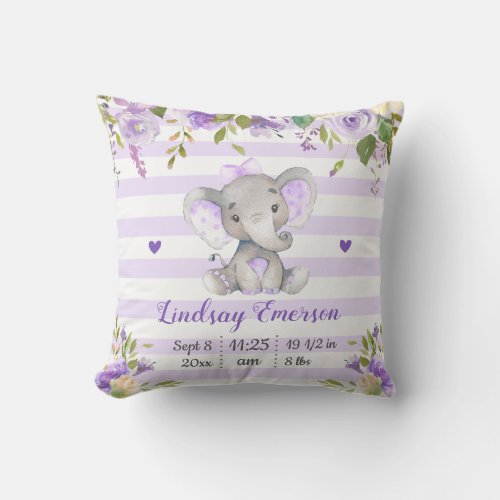 Purple Floral Girl Elephant Nursery Lilac Lavender Throw Pillow