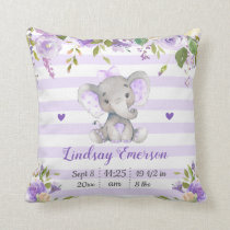 Purple Floral Girl Elephant Nursery Lilac Lavender Throw Pillow