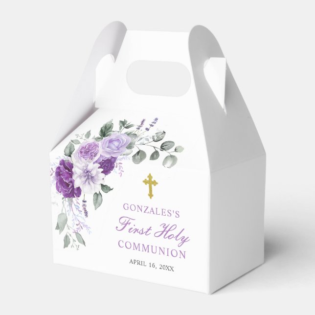 Purple Floral Girl First Holy Communion Favor Boxes (Front Side)