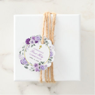 Purple Floral Girl First Holy Communion Favor Tags