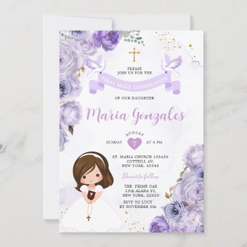 Purple Floral Girl First Holy Communion Gold Cross Invitation