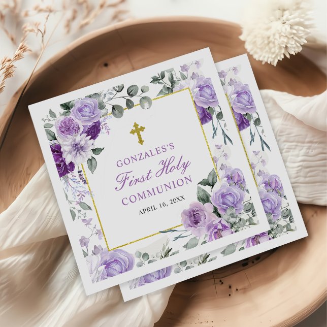 Purple Floral Girl First Holy Communion Napkins (Creator Uploaded)