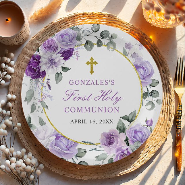 Purple Floral Girl First Holy Communion Paper Plates (Creator Uploaded)