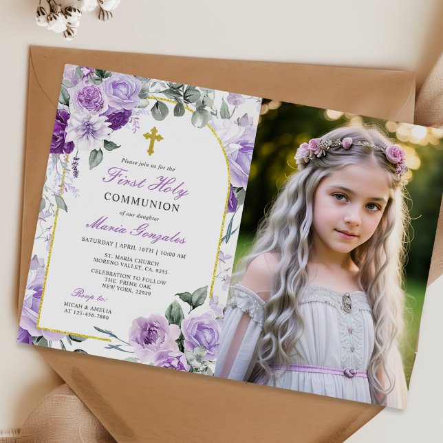 Purple Floral Girl First Holy Communion Photo Invitation (Creator Uploaded)