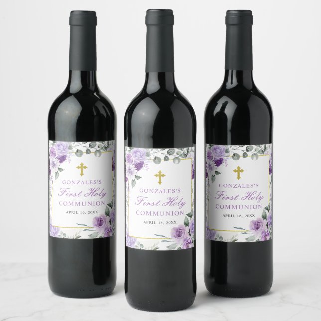 Purple Floral Girl First Holy Communion Wine Label (Bottles)