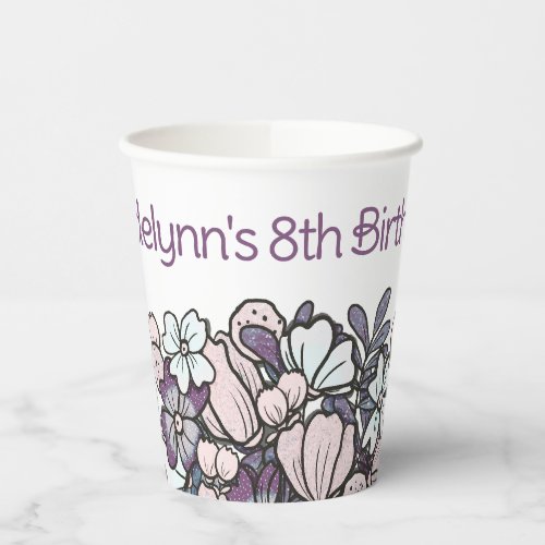 Purple Floral Girls Birthday Party Paper Cups