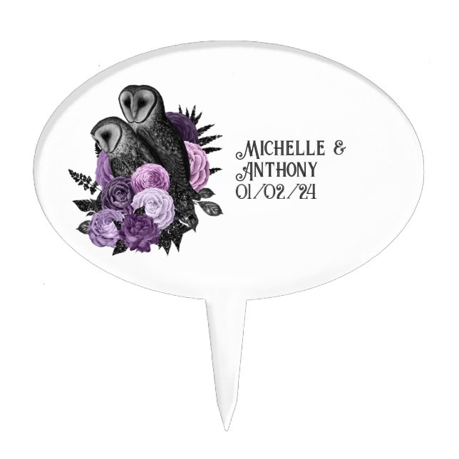 Purple Floral Glam Gothic Owls Cake Topper (Front)