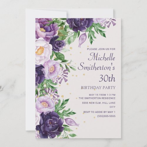 Purple Floral Glitter 30th Birthday Invitation