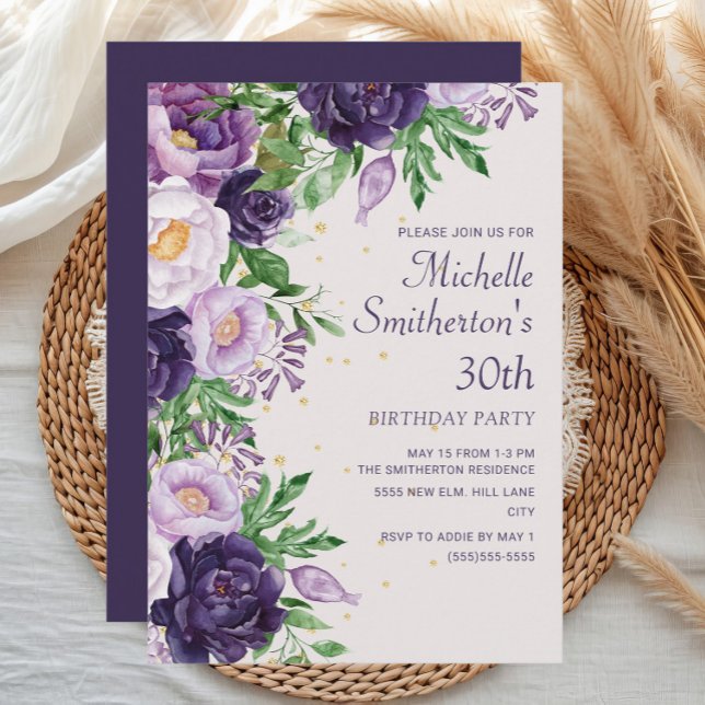 Purple Floral Glitter 30th Birthday Invitation (Elegant purple watercolor floral 30th birthday party invitation)
