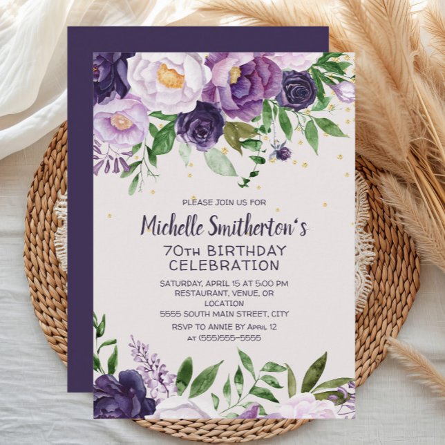 Purple Floral Glitter 70th Birthday Invitation (Elegant purple watercolor floral women's 70th birthday party invitation)