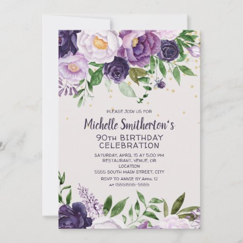 Purple Floral Glitter 90th Birthday Invitation