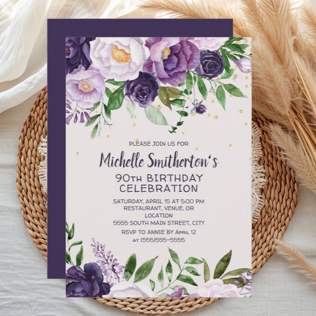 Purple Floral Glitter 90th Birthday Invitation (Purple watercolor floral women's 90th birthday party invitation)