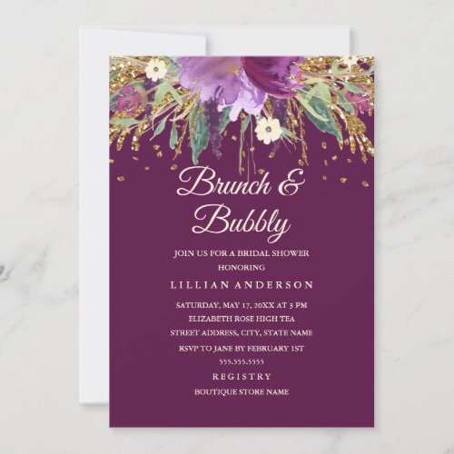 Purple Floral Glitter Amethyst Brunch and Bubbly Invitation