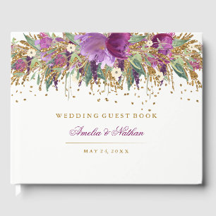 Purple Floral Glitter Amethyst Wedding Guest Book