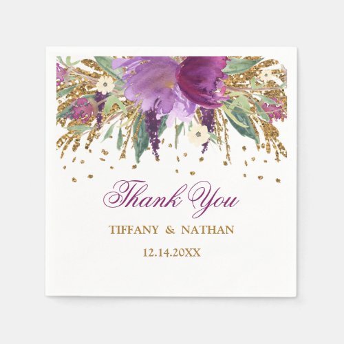 Purple Floral Glitter Amethyst Wedding Napkin