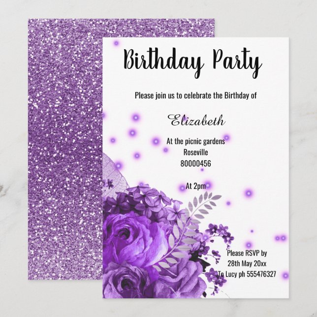 PURPLE FLORAL GLITTER BIRTHDAY INVITATION (Front/Back)