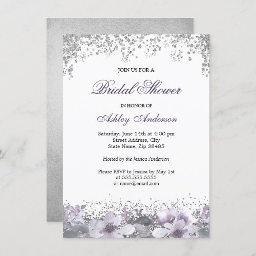 Purple Floral Glitter Bridal Shower Invitation