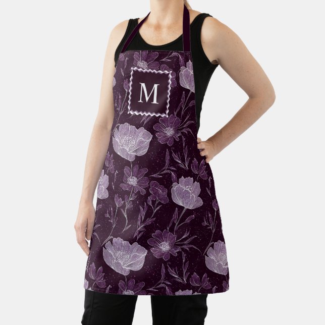 Purple Floral Glitter Pattern Monogram Apron (Insitu)