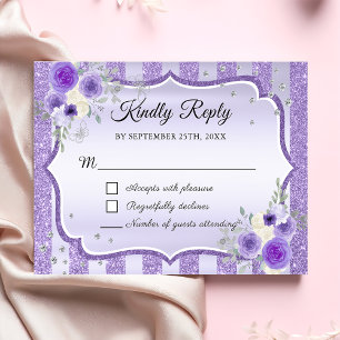 Purple Floral Glitter Quinceanera RSVP Card