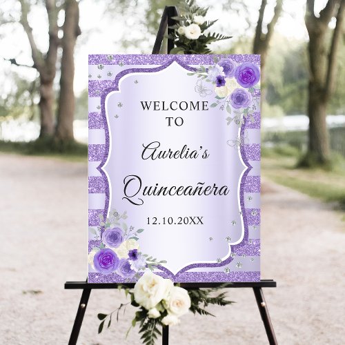 Purple Floral Glitter Quinceanera Welcome Sign