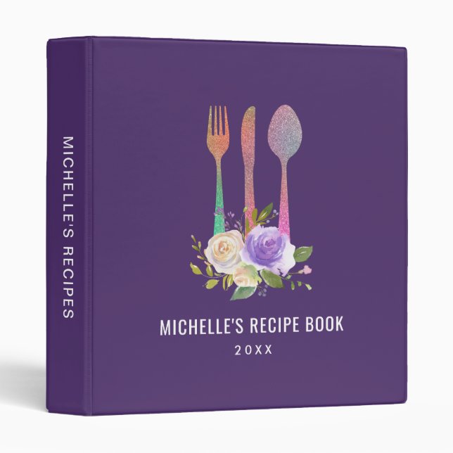 purple floral glitter recipe 3 ring binder (Front/Spine)