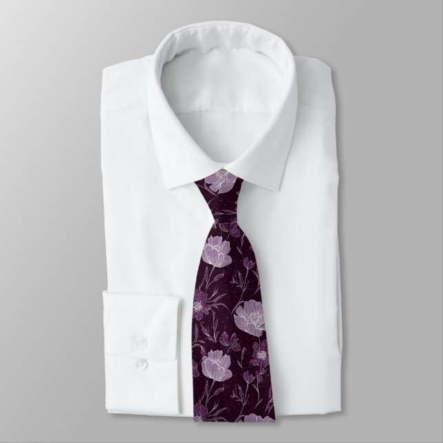 Purple Floral Glitters Pattern  Neck Tie (Tied)