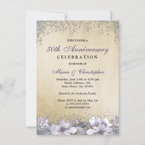 Purple Floral Gold 50th Wedding Anniversary Invite