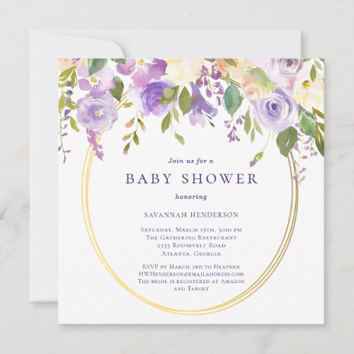 Purple Floral Gold Accents Neutral Baby Shower  Invitation