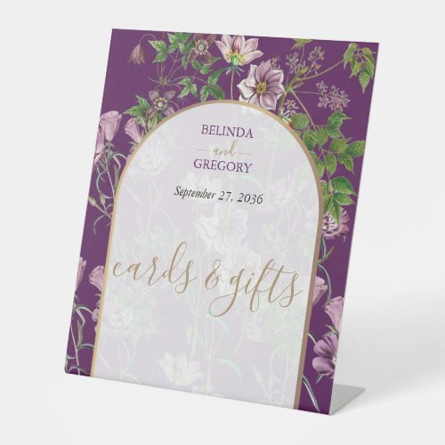 Purple Floral Gold Arch Wedding Cards  Gifts Pedestal Sign