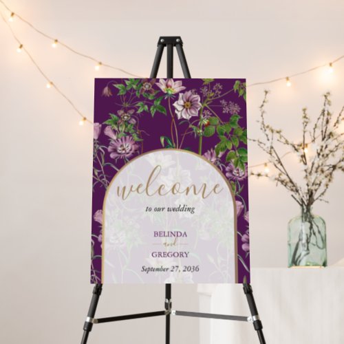 Purple Floral Gold Arch Wedding Welcome Sign