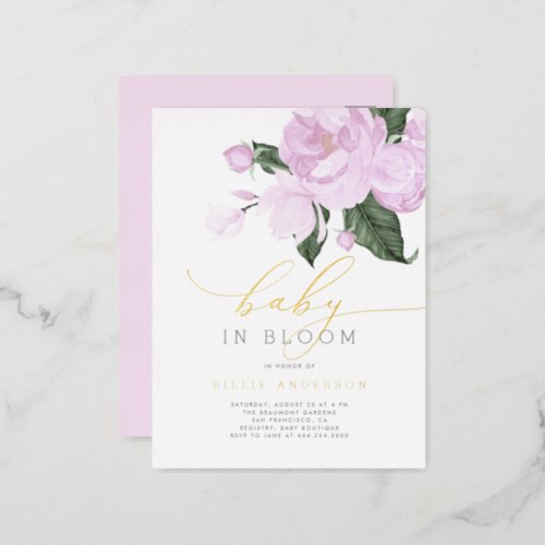 Purple Floral Gold Baby in Bloom Shower Foil Invitation Postcard