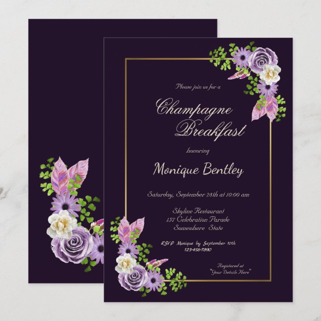 Purple Floral Gold Border Champagne Breakfast Invitation (Front/Back)