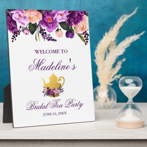 Purple Floral Gold Bridal Shower Tea Welcome Plaque